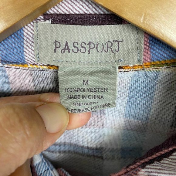 Passport Women Top Medium Plaid Snap Closure Pink Multicolor Roll-Up Long Sleeve - Picture 5 of 10